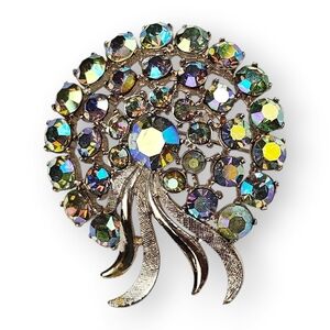 Vintage Arthur Pepper Brooch Aurora Borealis Rhinestone Floral ART Silver Tone